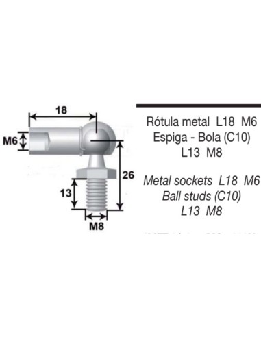 Rotula metal M6 con bola 10mm a M8