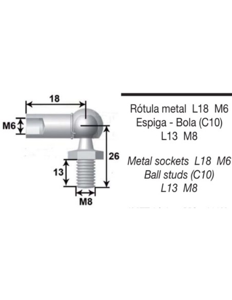 Rotula metal M6 con bola 10mm a M8